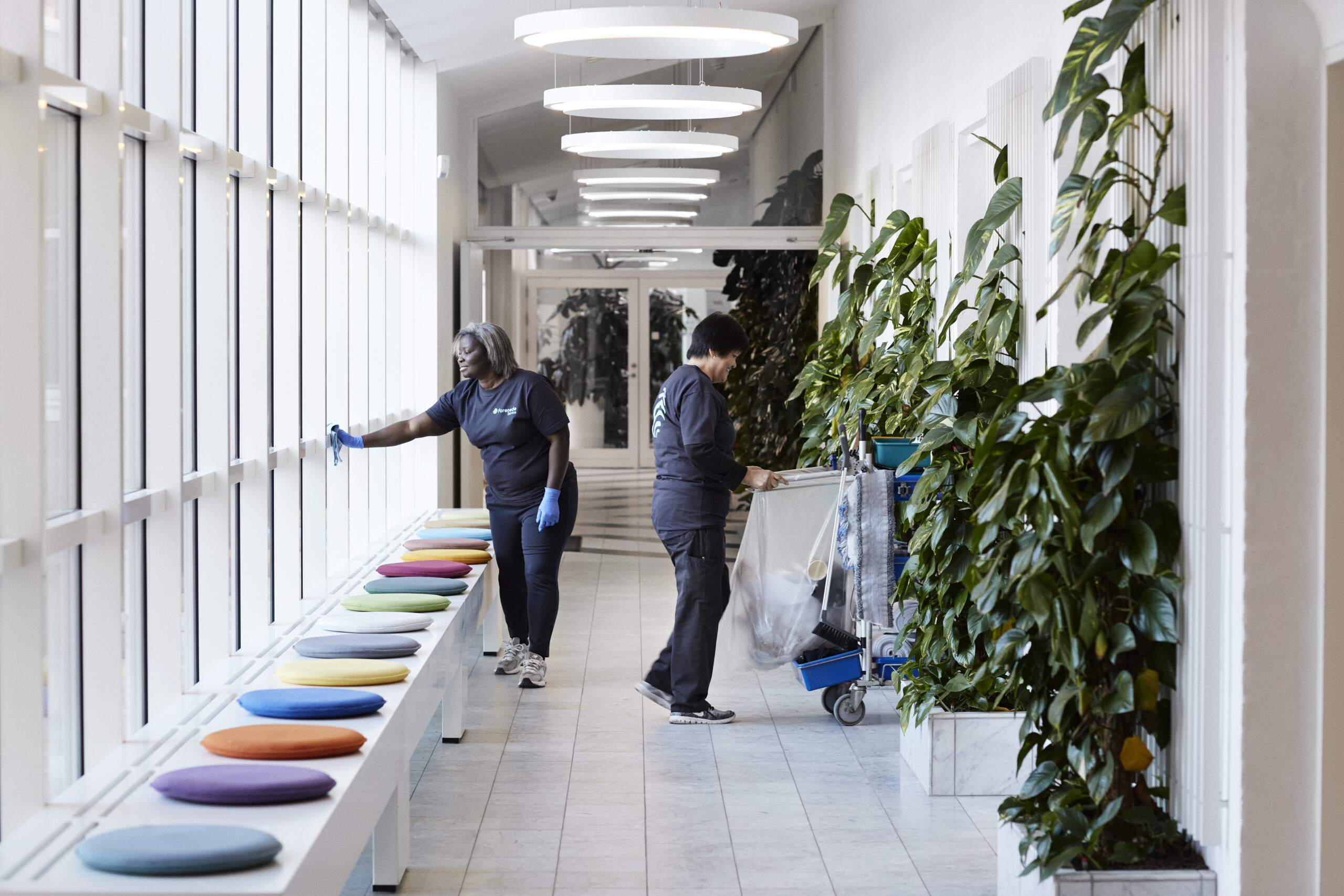 To rengøringsmedarbejdere arbejder i en lys gang med grønne planter